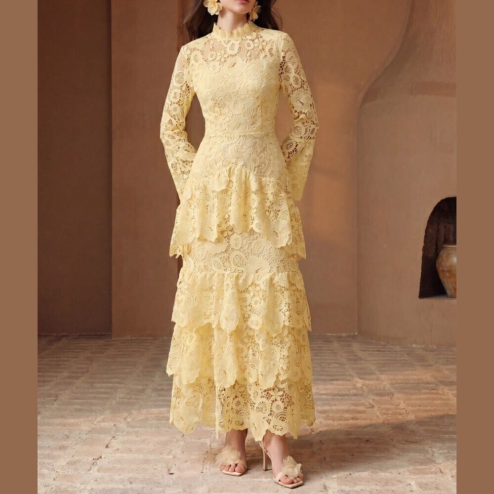 Yellow Crochet Lace Tiered Ruffle Stand Collar Maxi Dress